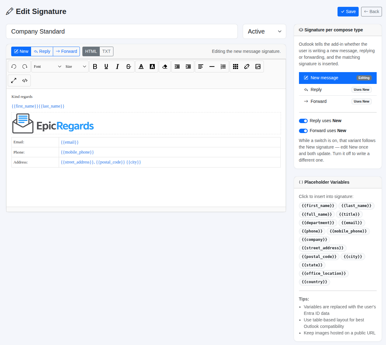 The signature designer, with dynamic fields from Microsoft Entra ID