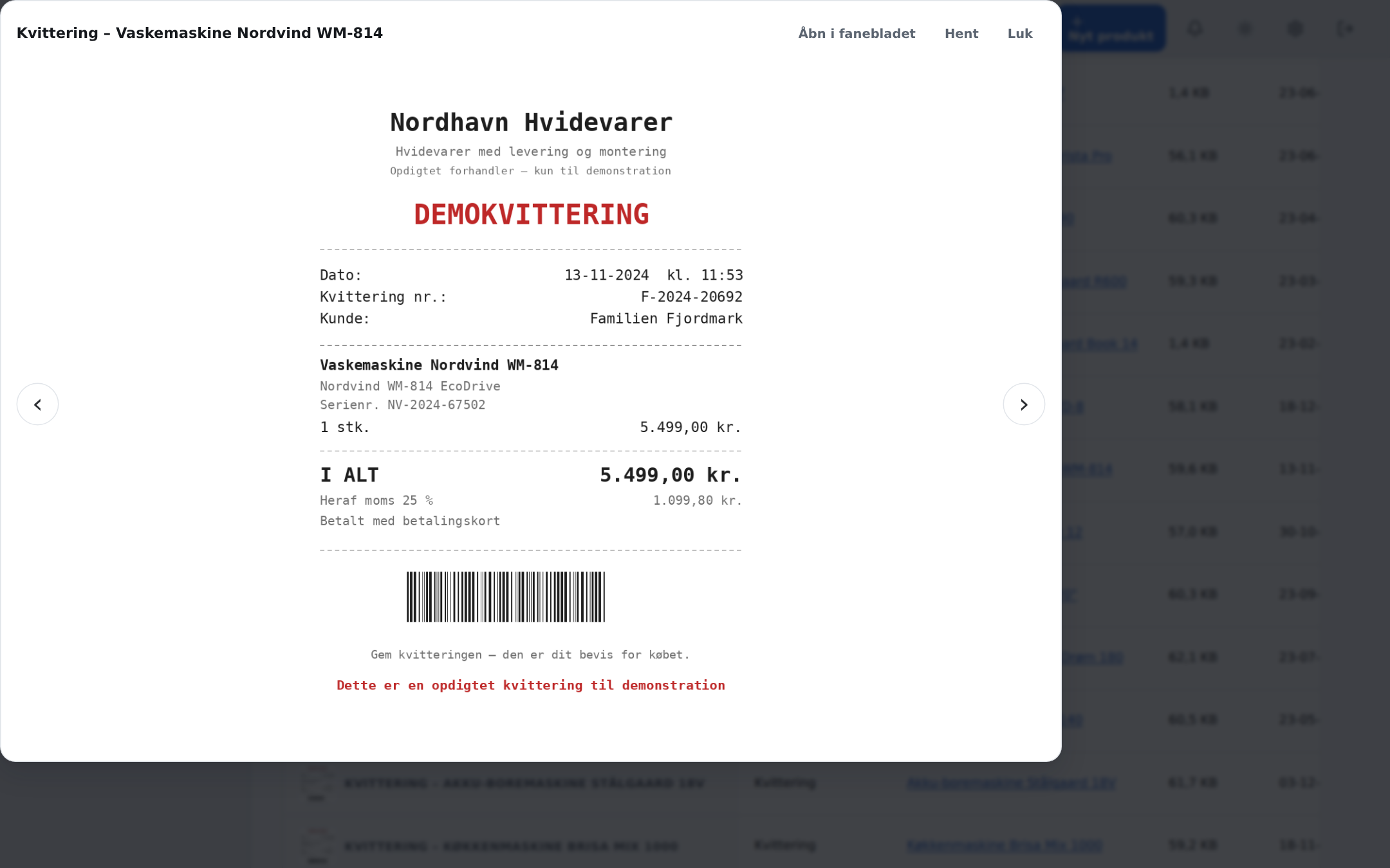 Kvitteringen i stort format – blad videre med piletasterne