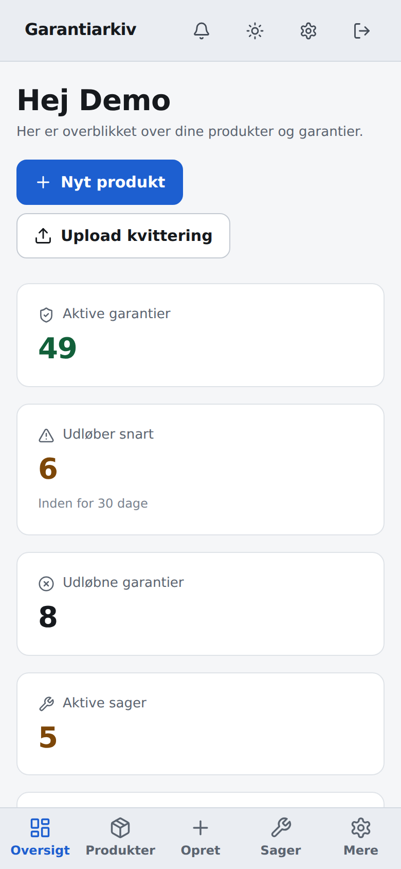 Garantiarkiv på mobilen, med bundmenu