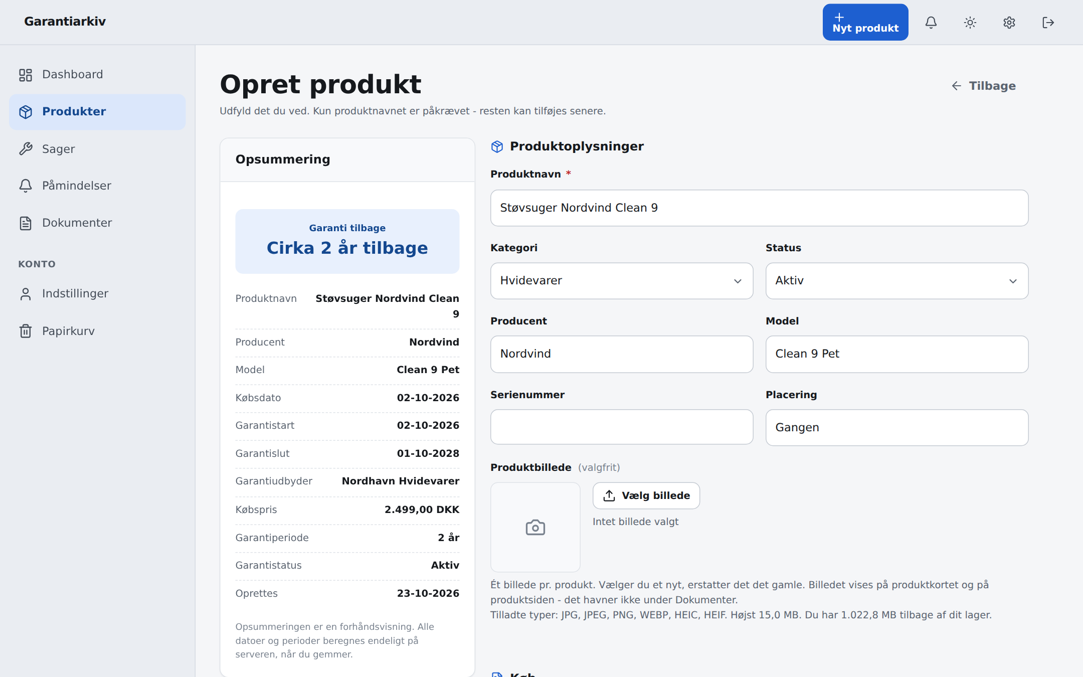 Opsummeringen regner garantiperioden ud, mens du skriver