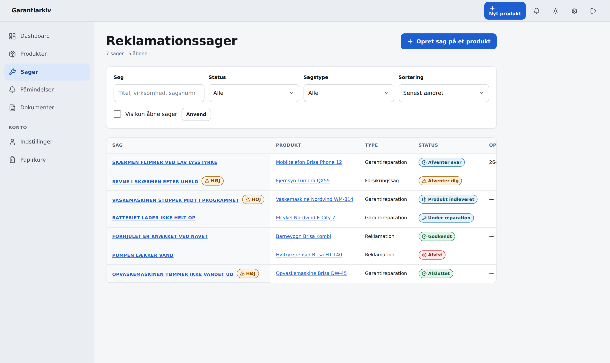 Alle reklamationssager med status