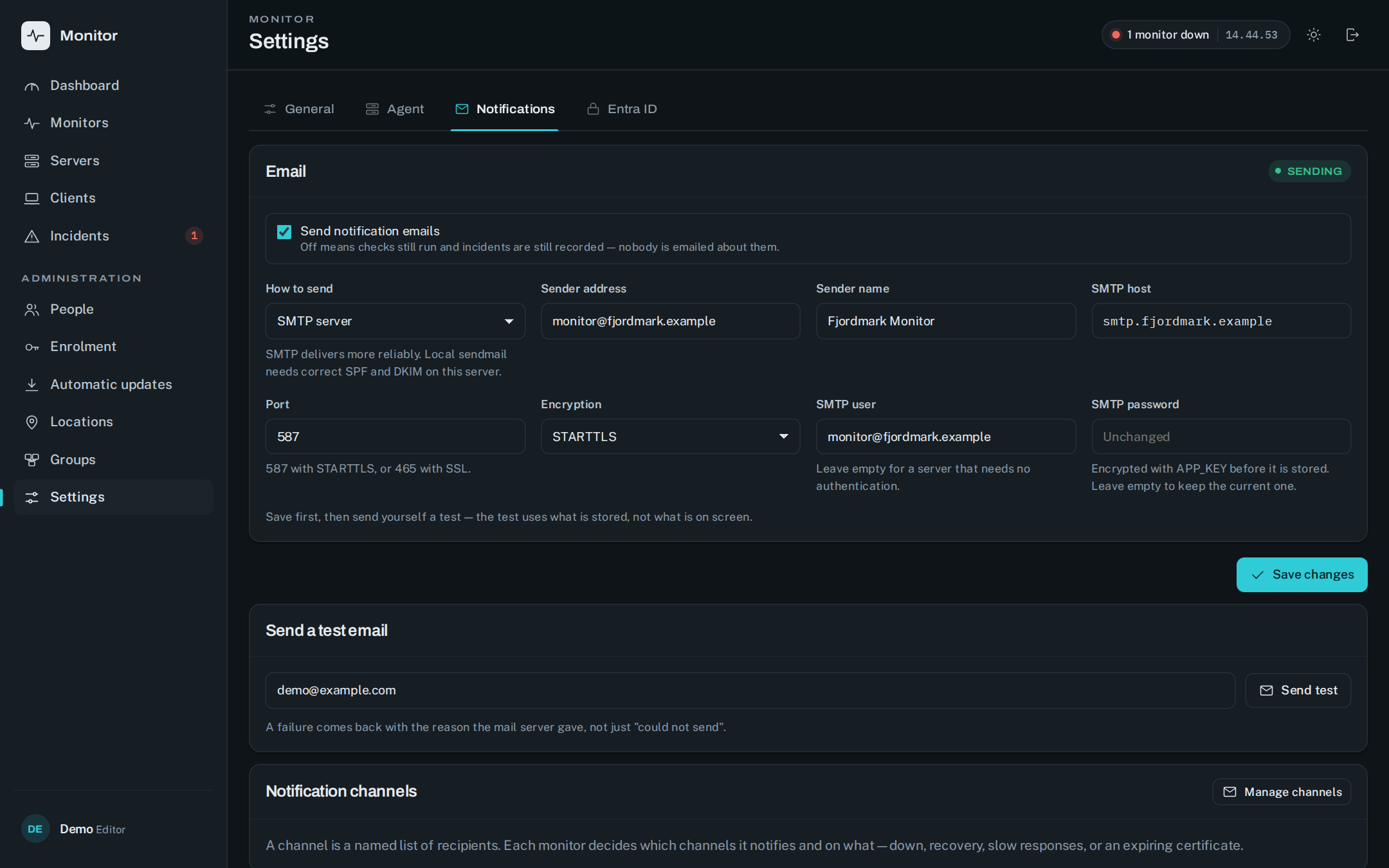 Indstillinger, Notifikationer: SMTP eller sendmail, testmail og link til kanalerne