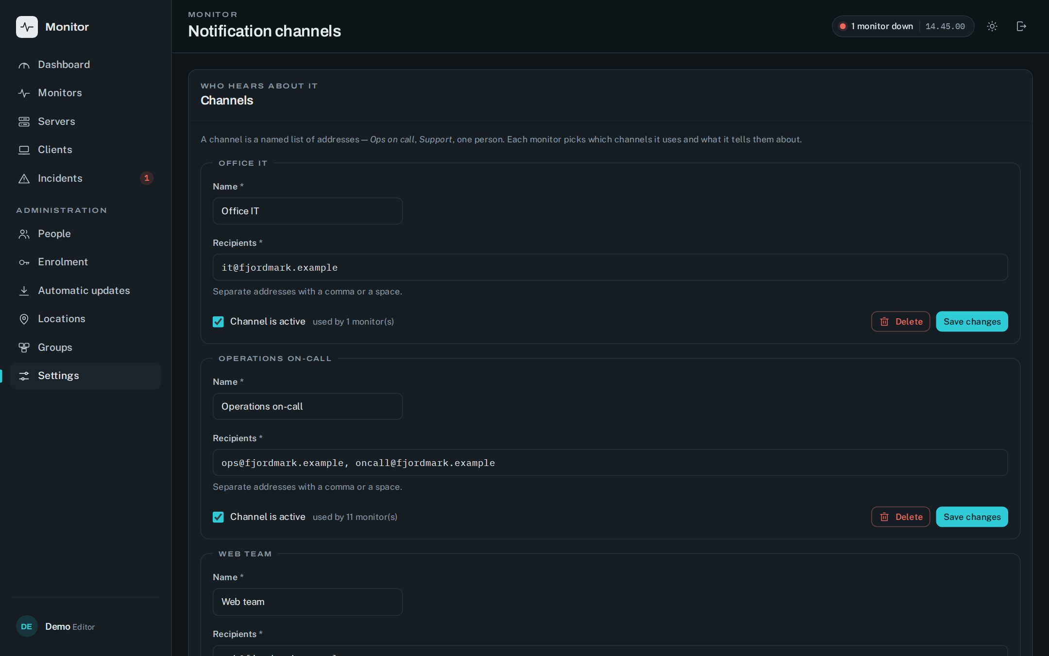 Notifikationskanaler og loggen over, hvad der blev sendt