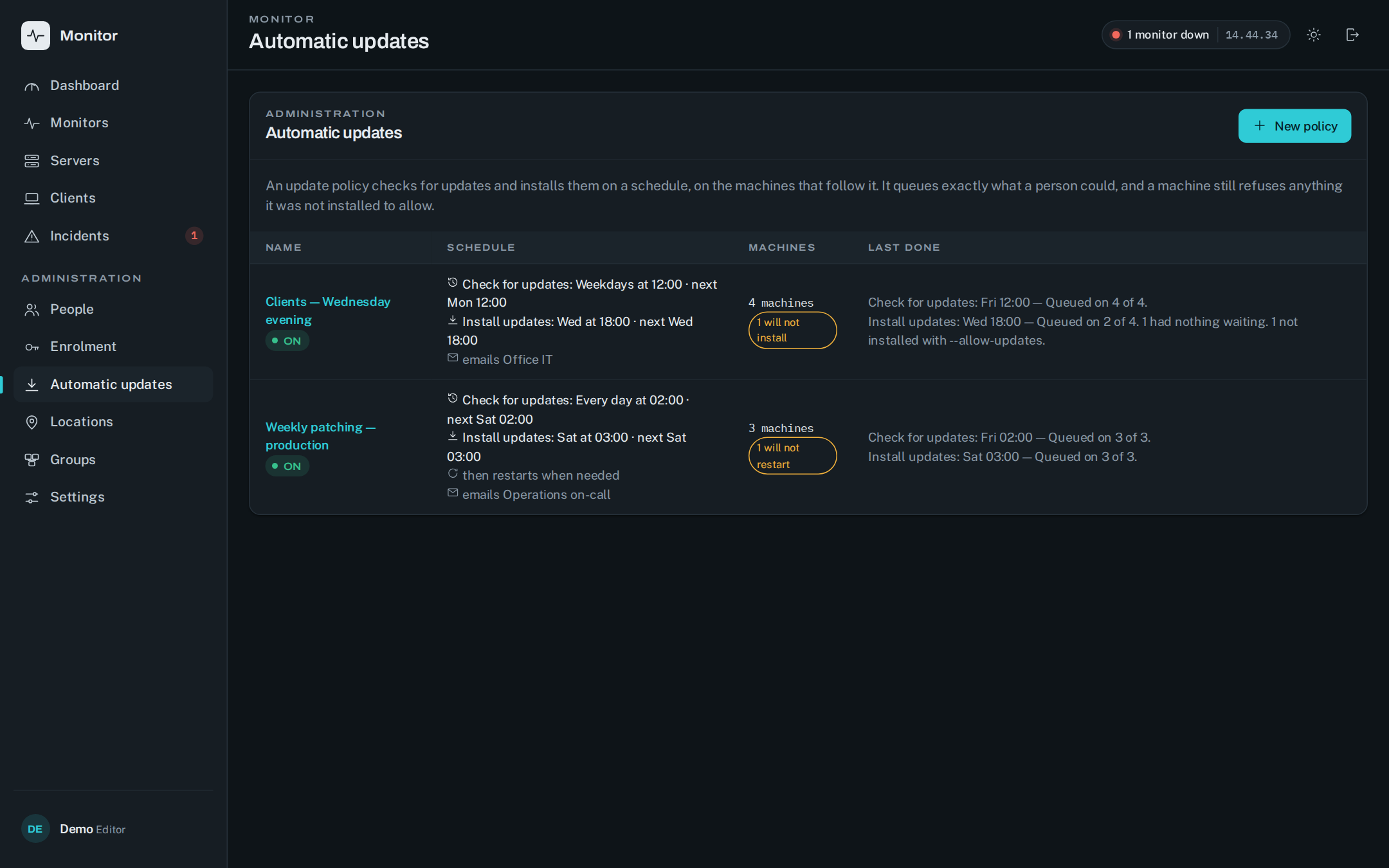 Automatiske opdateringer: to politikker med plan, maskiner og hvad der skete ved sidste kørsel
