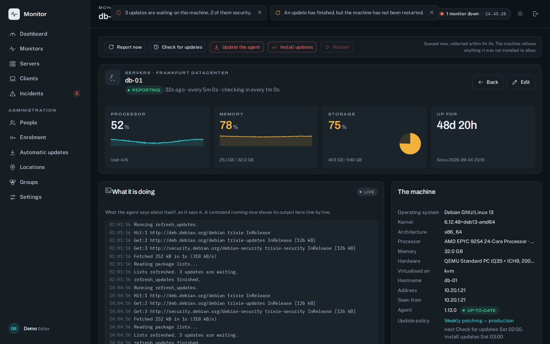 db-01 efter "Check for updates": agentens output live