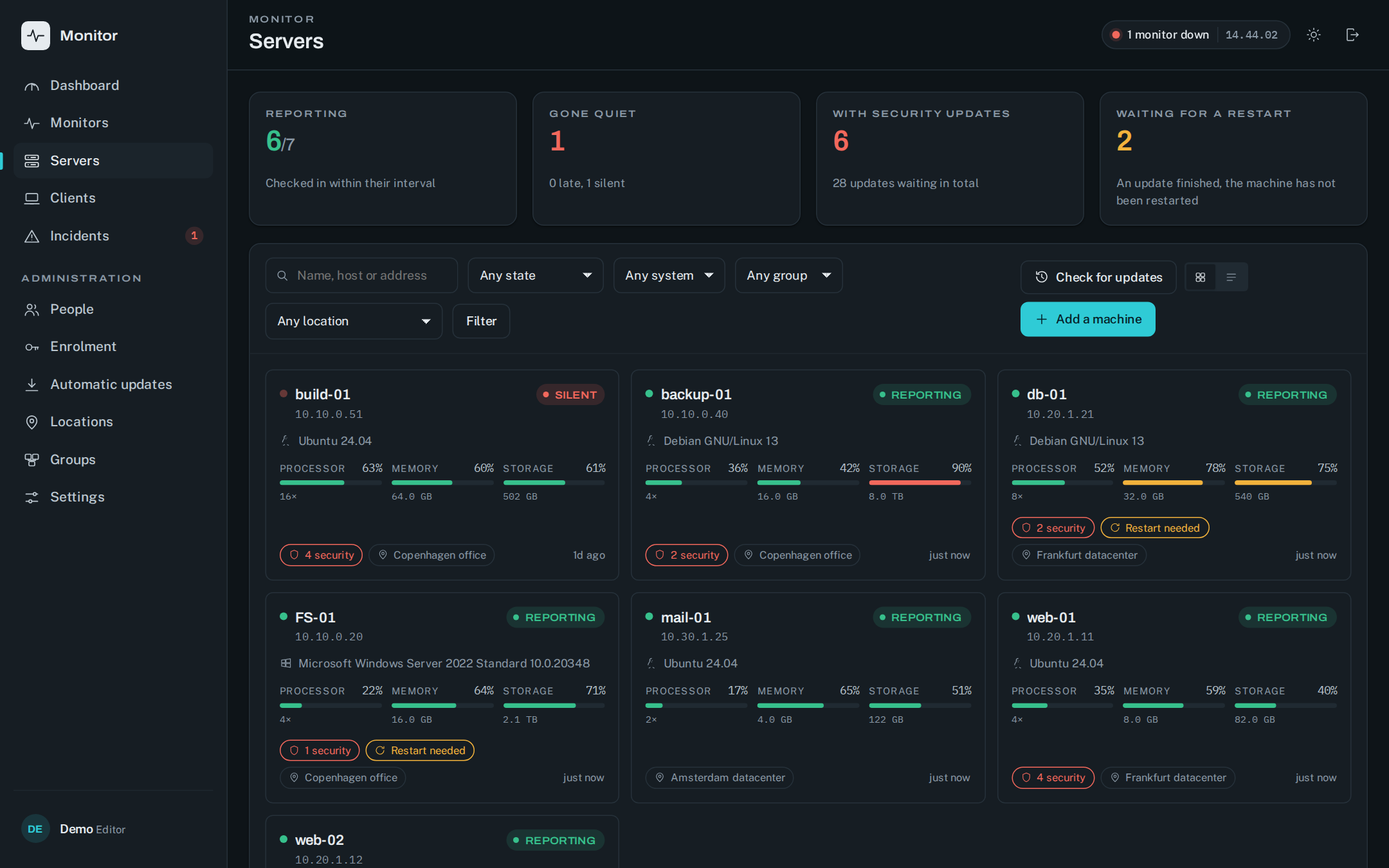 Servere: belastning, lager, OS og ventende opdateringer