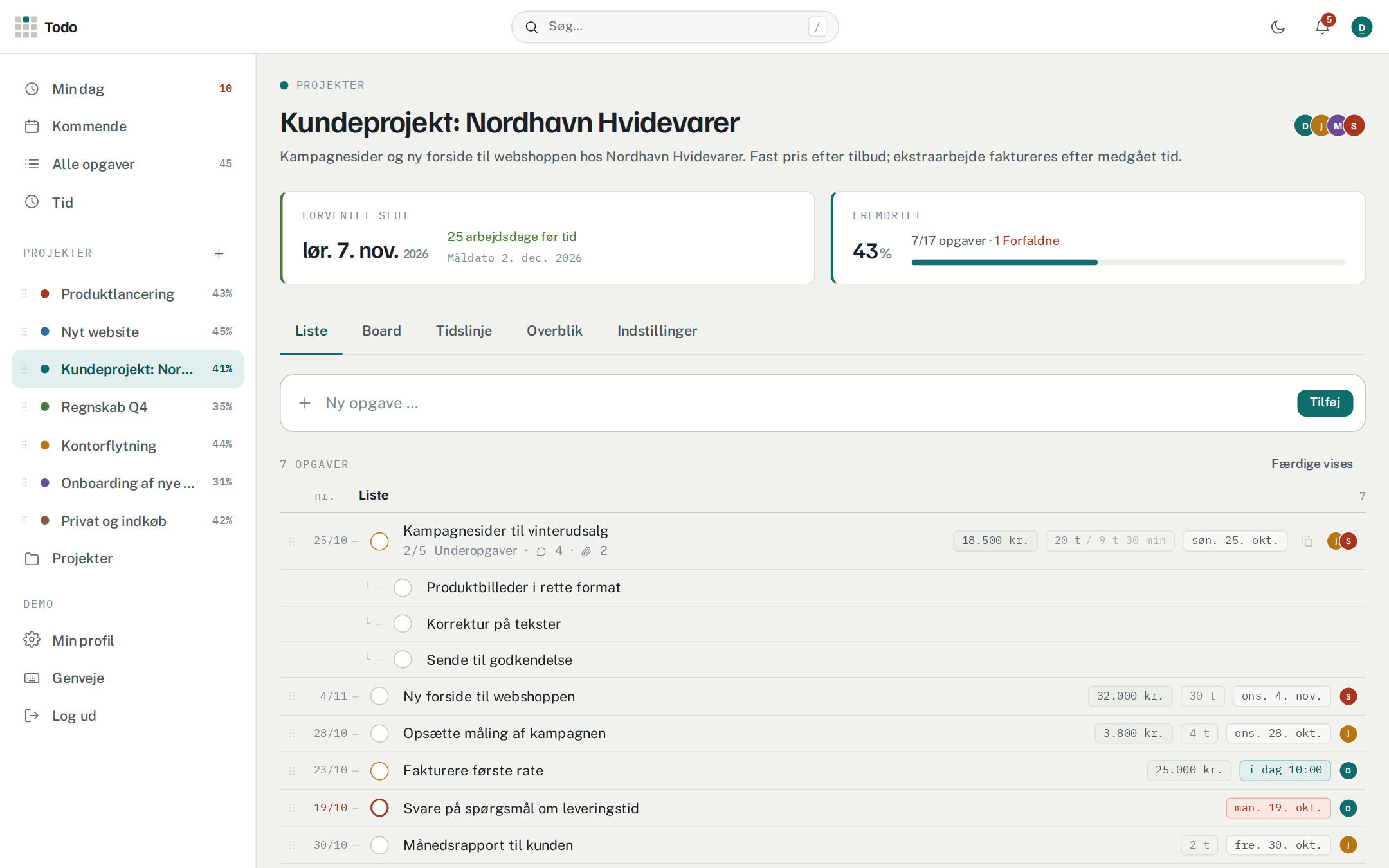 Pris pr. opgave i et kundeprojekt